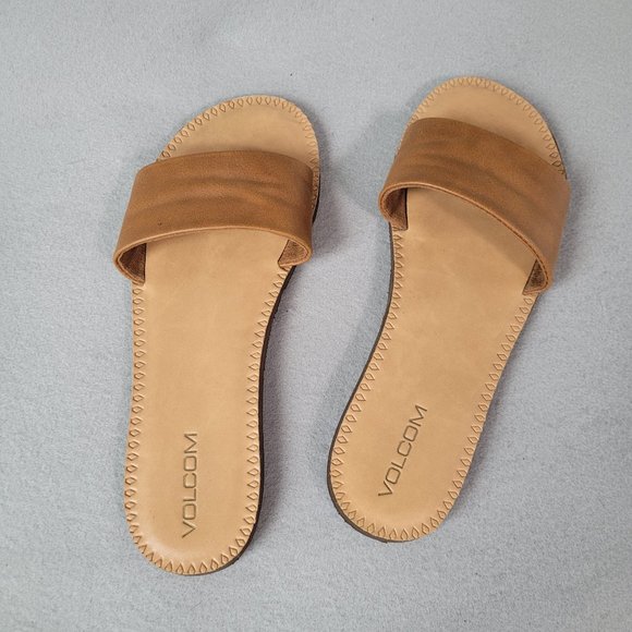 Volcom Womens Size 10M Simple Synthetic Brown Leather Slide Sandal Tan - Picture 1 of 6